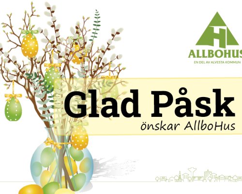 Vide och påskris med ägg i en vas. Glad Påsk önskar AllboHus